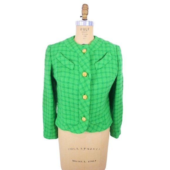 Vintage 1960s Suit Jacket Green Pane Plaid Gold Buttons Wool Blend | W 37" - Picture 2 of 5